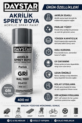 Parlak Gri Akrilik Sprey Boya Ral 7001 400 Ml Hızlı Kuruyan Yüksek Kapatıcılı Metal Ahşap Plastik Bo Çok Renkli