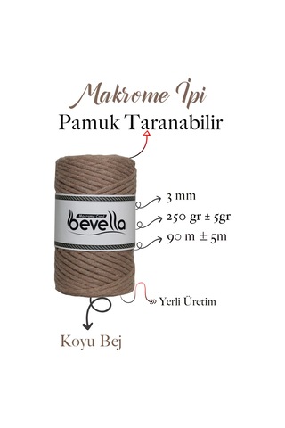 Taranan Makrome Ipi 3mm Taranabilir Pamuk Tek Büküm Makrome Ipi Koyu Bej