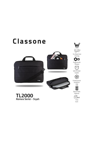 Classone Romeo Serisi TL2000 WTXpro Su Geçirmez Kumaş 15.6" Notebook Laptop El Çantası Siyah