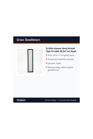 Trobus İç Dikiz Aynası Geniş Kristal Taşlı Tırnaklı 29,5x7 Cm Siyah