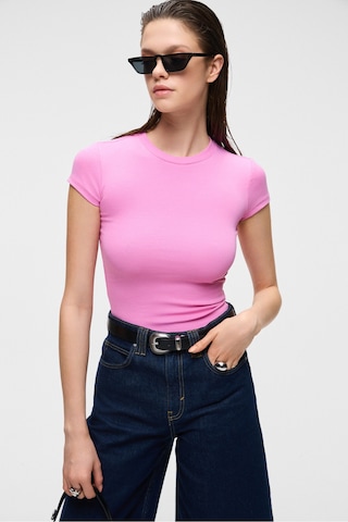 Grımelange HOPEWELL Kadın Yuvarlak Yaka Örme Slim Fit Pembe T-Shirt