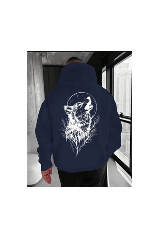 Herkesemoda Arka Kurt Baskı Detaylı İçi Polarlı Kapüşonlu Sweatshirt Lacivert