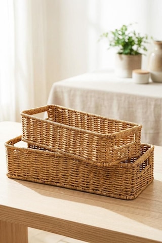 Digithome 2'li Dikdörtgen Hasır Rattan Organizer Sepet - Bb6073 Turuncu