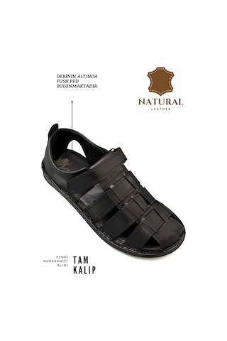 Sermoda %100 Hakiki Deri Burnu Kapalı Erkek Sandalet Siyah