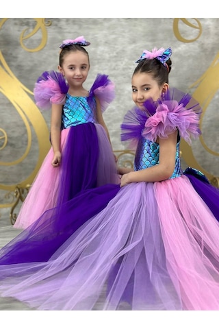 Ay Kids Kız Çocuk Deniz Kızı Temalı Kabarık Tütü Elbise Parti Elbisesi 1405mor Mor