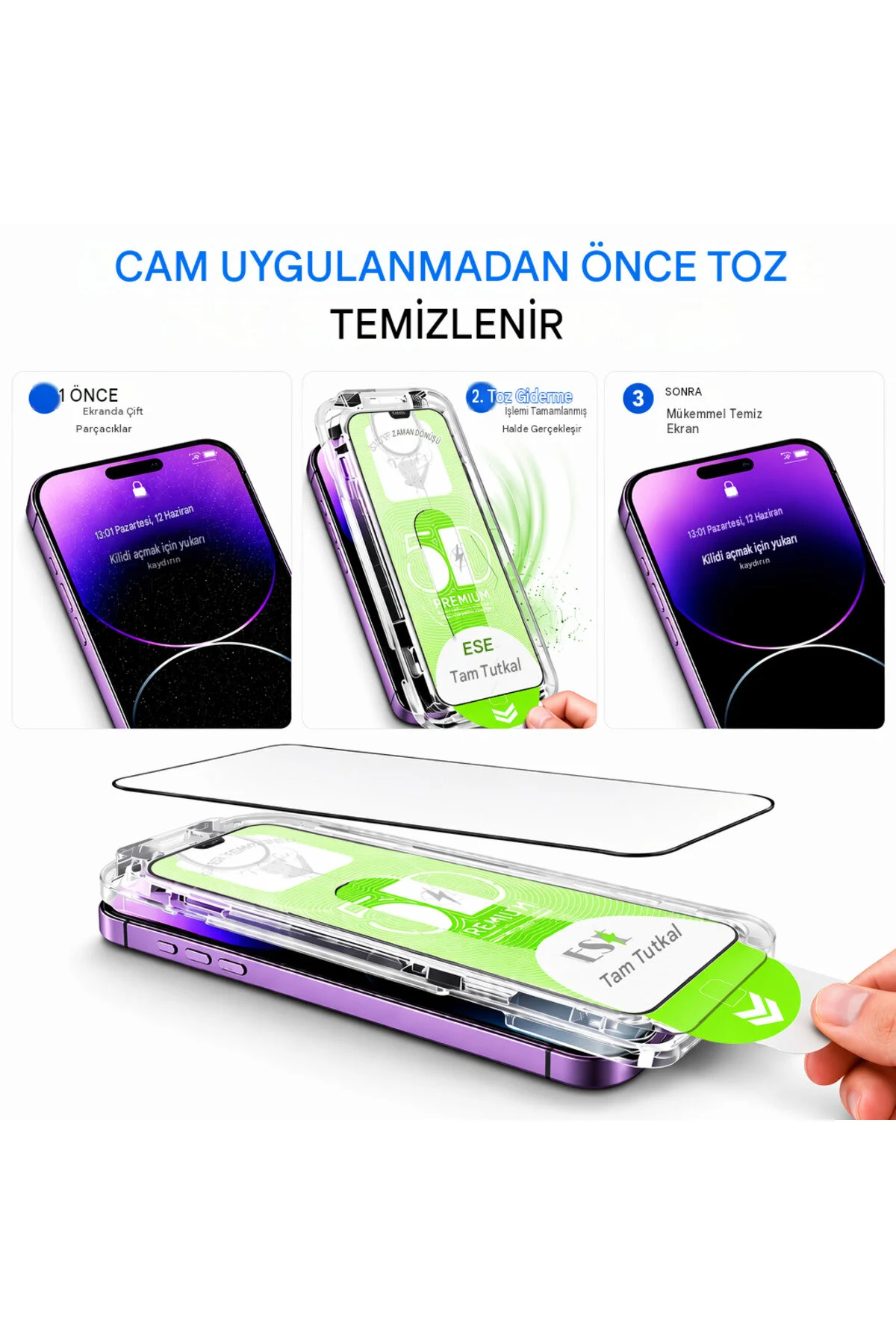 İphone 16 Plus Otomatik Takılan Ekran Koruyucu Temperli Cam Kolay Uygulama Çizilmez Darbeye Dayanıklı Parmak İzi Bırakmaz