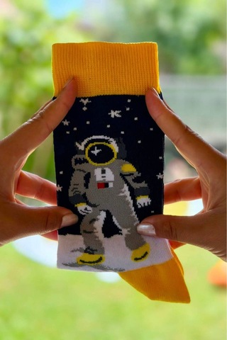 Lousocks Unisex Sağlı Sollu Astronot Temalı Soket Çorap Siyah