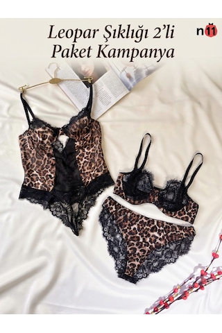 Leopar Tül Dantel Tanga Bodysuit Ve Leopar Dantel Detaylı Sütyen Takımı