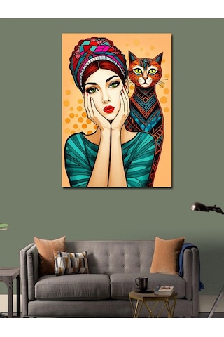 Kanvas Tablo Desenli Kadın Ve Kedi 70cmx100cm