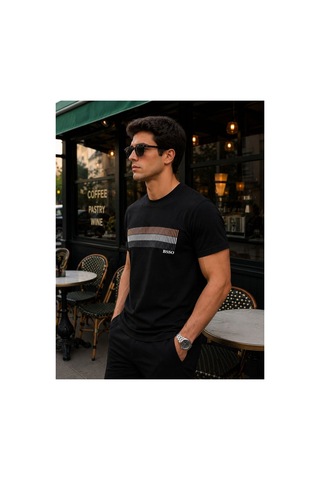 Hzr Wear Erkek Nakış Baskı Detaylı Sıfır Yaka Regular Fit %100 Pamuk Tişört Siyah