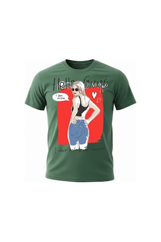 Urbantrendstore Unisex Hello Guys Kalpli Kız Temalı Oversize Fit Rahat Geniş Salaş T-shirt Günlük Tişört Yeşil