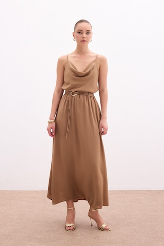 Sateen Kemerli Uzun Etek - Vizon-136083 Vizon