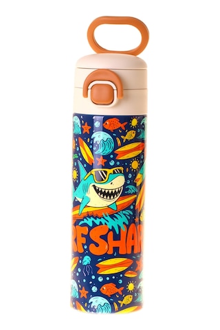 Kaukko Kids 520 Ml Süpar Köpekbalığı Baskılı Yeşil - Lacivert Erkek Çocuk Çelik Termos Matara Çift İçim Kilitli Kapak - L5357