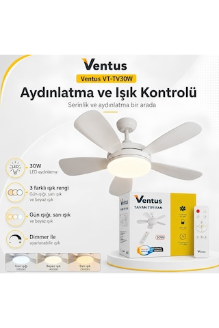 Ventus Vt-tv30w Sessiz Çalışma 5 Kanatlı Işıklı Uzaktan Kumandalı Tavan Tipi Vantilatör