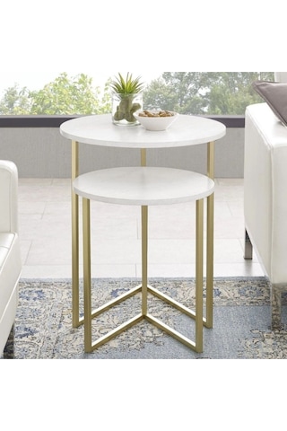 İkili Yuvarlak Doğal Ahşap Zigon Sehpa Gold