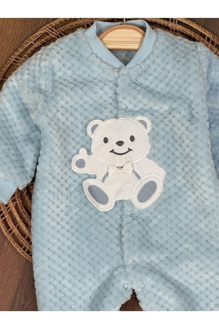 101 Dalmaçyalı Peluş Ayıcık Nakışlı Patikli Çıtçıtlı Kışlık Erkek Bebek Tulum Buz Mavi