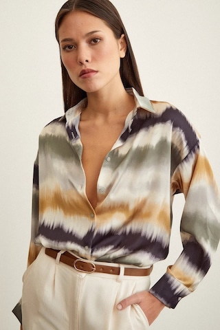 Kadın Uzun Kol Sulu Boya Desenli Renkli Pamuk Saten Premium Kalite Spor Şık Gömlek Haki