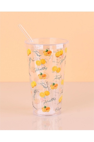 Desenli Plastik Pipetli Bardak 16 Cm 1 Adet Royaleks-enf-040