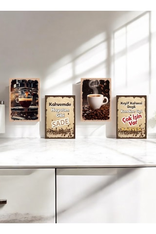 4 Parça Dekoratif A4 Mdf Tablo, Cafe Tabloları , Kahve Köşesi Tabloları , Duvar Tabloları , Çerçeve Görünümlü Dekoratif Hediyelik