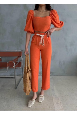 Keten Crop Karpuz Kol Bluz-pantolon Hasır Kemerli - Orange Orange