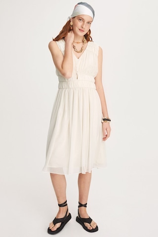 Perspective V Yaka Midi Şifon Elbise - Minimalist Yazlık Elbise Ekru