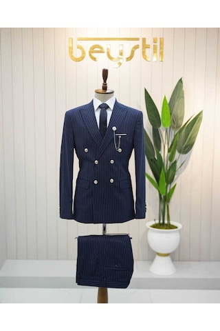 Beystil Sivri Yaka Lacivert Çizgili Kruvaze Takım Elbise Bezayak036 - Slim Fit Lacivert