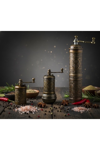 Ludıa Zamak Metal Antik Renk 3 Lü Set Karabiber,kahve,çörek Otu El Değirmeni Öğütücü Grinder S2 Koyu Yeşil