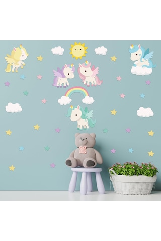 Rengarenk Unicornlar Ve Gökkuşağı Duvar Sticker Seti - Güneş, Yıldızlar Ve Bulutlar Çocuk Odası