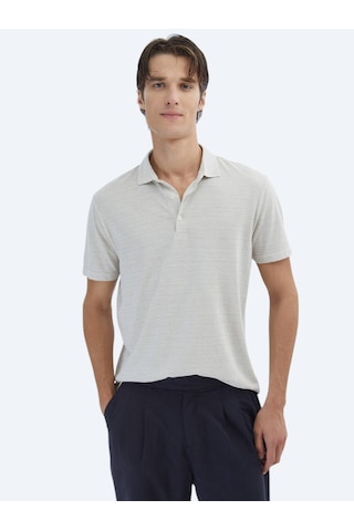 Kip Bej Çizgili Polo Yaka Pamuk Karışımlı T-shirt Bej
