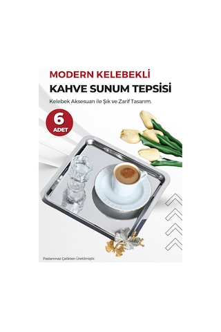 6'lı Kelebek Aksesuarlı Kare Paslanmaz Çelik Kahve Sunum Tepsisi Metalik