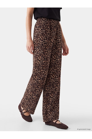 Lcwaıkıkı Classic Kahverengi Leopar Desenli Keten Karışımlı Kadın Pantolon