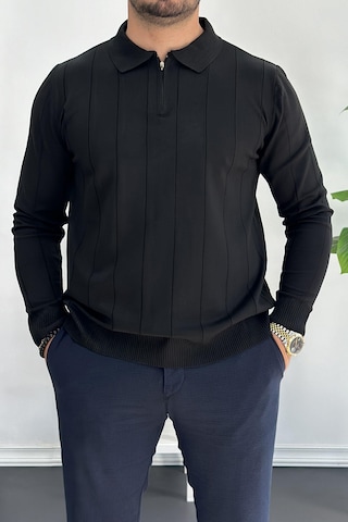 Erkek Yarım Fermuarlı Polo Yaka Mevsimlik Kazak Siyah Edw195 Siyah