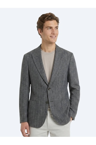 Kip Petrol Çizgili Modern Fit Keten Karışımlı Ceket