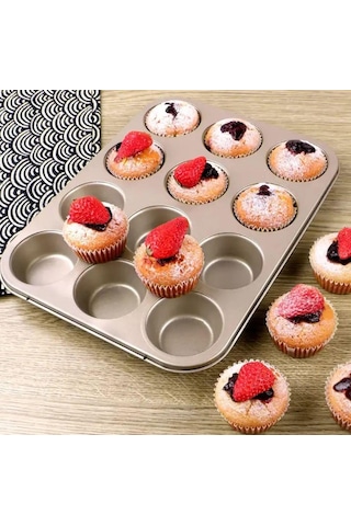 Busstier 12 Bölmeli Premium Metal Muffin Ve Cupcake Tepsisi - Yapışmaz, Eşit Pişirme Özellikli Kalıp Sku: Smg8690010523211 Açık Gri