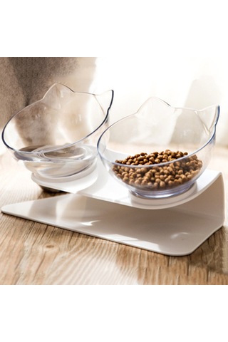 Lemestar Kedi Köpek İçin 15 Derece Eğimli Transparent Çift Kase - Boyun Omurga Koruyucu, Kulaak Yorgunluğunu Önleyen Plastik Besleme Tabağı Opp Paketli