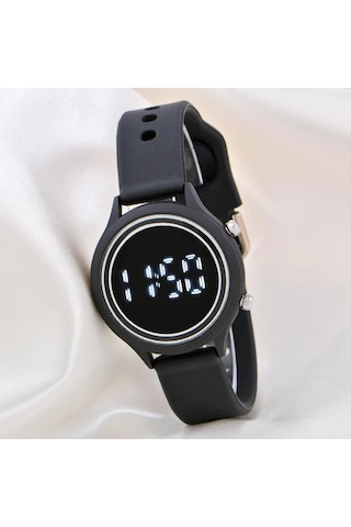 Kadın Saati Siyah Renk Silikon Kordonlu Tuşlu Led Unisex Çocuk Bileklik Saat St-304169