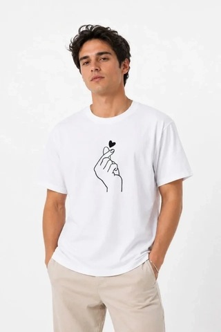 Defymoda Erkek Kore Parmak Kalp Aşk Temalı Minimal Baskılı Tişört Yazlık Kısa Kol T-shirt - Beyaz