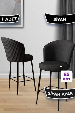 Canisa Alte Serisi 1 Adet 65 Cm Siyah Ada Mutfak Bar Sandalyesi Babyface Kumaş Siyah Metal Ayaklı Siyah