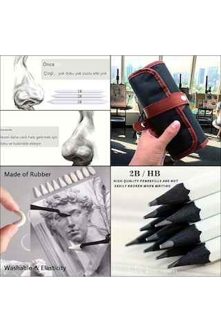 Kara Kalem Çizim Seti, Eskiz Kalem Seti, Dereceli Kalem Set, Tonlama-rulo Kalemlikli-tam Set 56parça