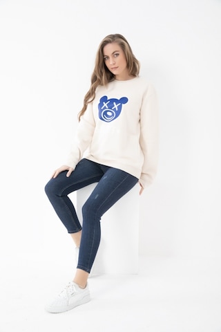 Kadın Bej Renk Baskılı Kapşonsuz Sweatshirt Bej