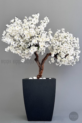 Biçiçek Yapay Beyaz Sakura Ağacı 100 Cm Bahar Dalı Antresi̇t Kare Saksıda