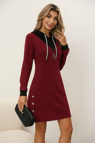 Moderie Butik Kadın Uzun Kollu Kapşonlu Önden Fermuarlı Düğmeli Mini Iki Iplik Elbise Bordo