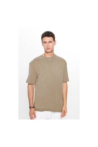 Tudors Unisex Oversize Geniş Kesim %100 Pamuk Yumuşak Dokulu Basic Bisiklet Yaka Haki Tişört-31704 Haki