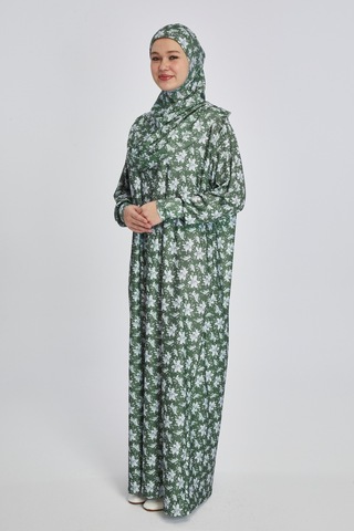 Pratik Tek Parça Manolya Desenli Namaz Elbisesi Haki