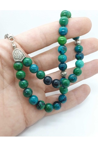 Sertifikalı Krizokol Doğal Taş Tesbih 8 Mm Yeşil Damarlı