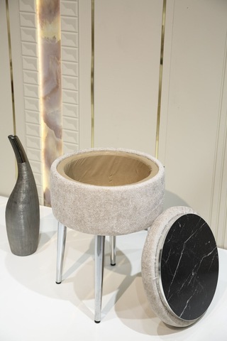 Bella Metal Ayaklı Sehpalı Teddy Kumaş Sehpa&puf Krom Beyaz Chrome White