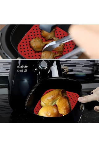 Renkli Isıya Dayanıklı Yıkanılabilir Silikon Fırın Airfryer Kare Model Pişirme Matı 21,5 Cm Kırmızı