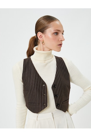 Koton Crop Yelek Düğmeli Mini Cepli Ekru Çizgili 4wak10238ek Ekru Çizgili