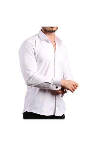 Beyaz Ekstra Dar Kesim Likralı Düğmeli Slim Fit Erkek Gömlek - 195-1 001