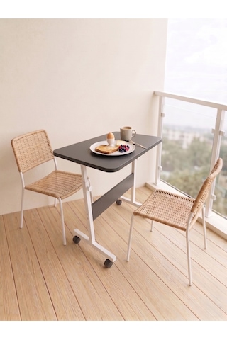 Yükseklik Ayarlı - Dar Balkonlar İçin Kahvaltı Yemek Masası - Antrasit Beyaz Tekerli 60x40 Oval Kenar Scbalkon5